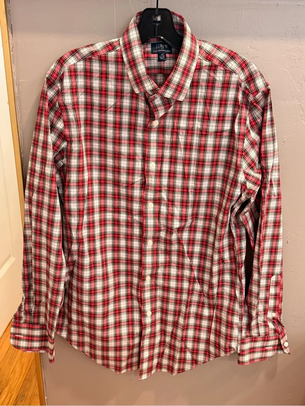 J. Crew Red and White Plaid Button-Down Shirt Classic Fit Flex Wrinkle Free #490